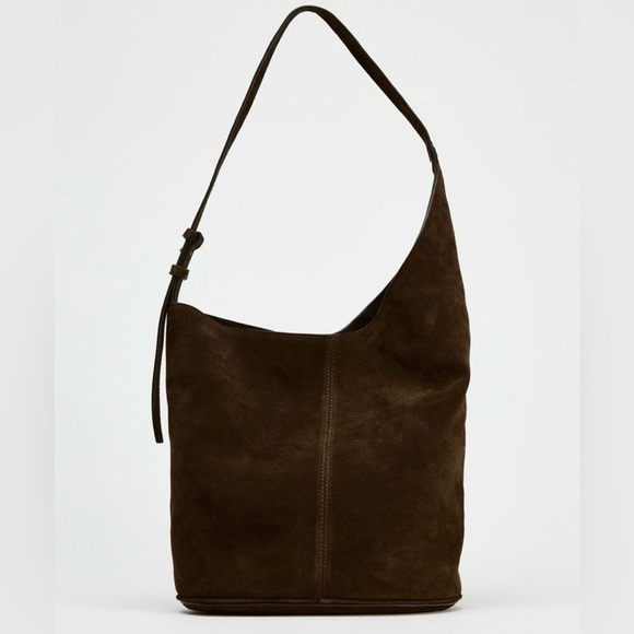 Zara Handbags - Zara Asymmetric Chocolate Suede Shoulder Hobo Bag in Dark Brown